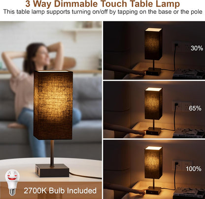 Bedside Table Lamp for Bedroom with 2 USB Ports, 14-Inch, Black | USB A+C Ports, Touch 3-Way Dimmable LED Bulb Included Fabric Lampshade Metal Base Small Nightstand Lamp for Desk Living Room3