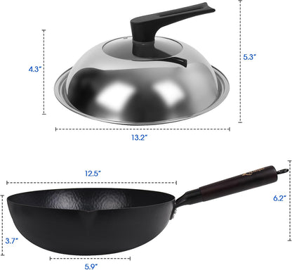 12.5 Inch Carbon Steel Wok for Electric, Induction and Gas Stoves (Lid, Spatula and User Guide Video Included)6