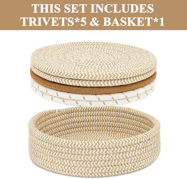Trivets for Hot Dishes, Pots and Pans, Hot Pads with Storage Basket, Pot Holders for Kitchen, Heat Resistant Mat Protect Counter Home Essentials, Farmhouse Decor (Mix Brown 5 PCS)2