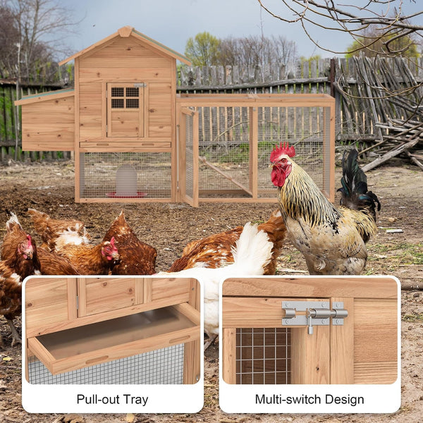 Outdoor Chicken Coop for 2-4 Chickens Wooden Hen House with Nesting Box | 80" Poultry Pet Hutch Backyard Run Cage W/ Waterproof Asphalt Roof, Ramp, Perch and Wire Fence3