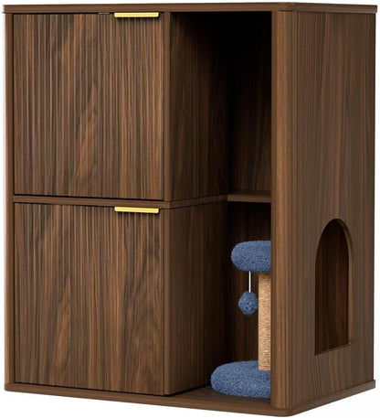 Cat Litter Box Enclosure Furniture, 2 Storey Hidden Litter Box Cabinet with Scratching Post & Storage Shelf, Fluted Modern Litter Box Enclosure for Living Room, Bedroom,Natural8