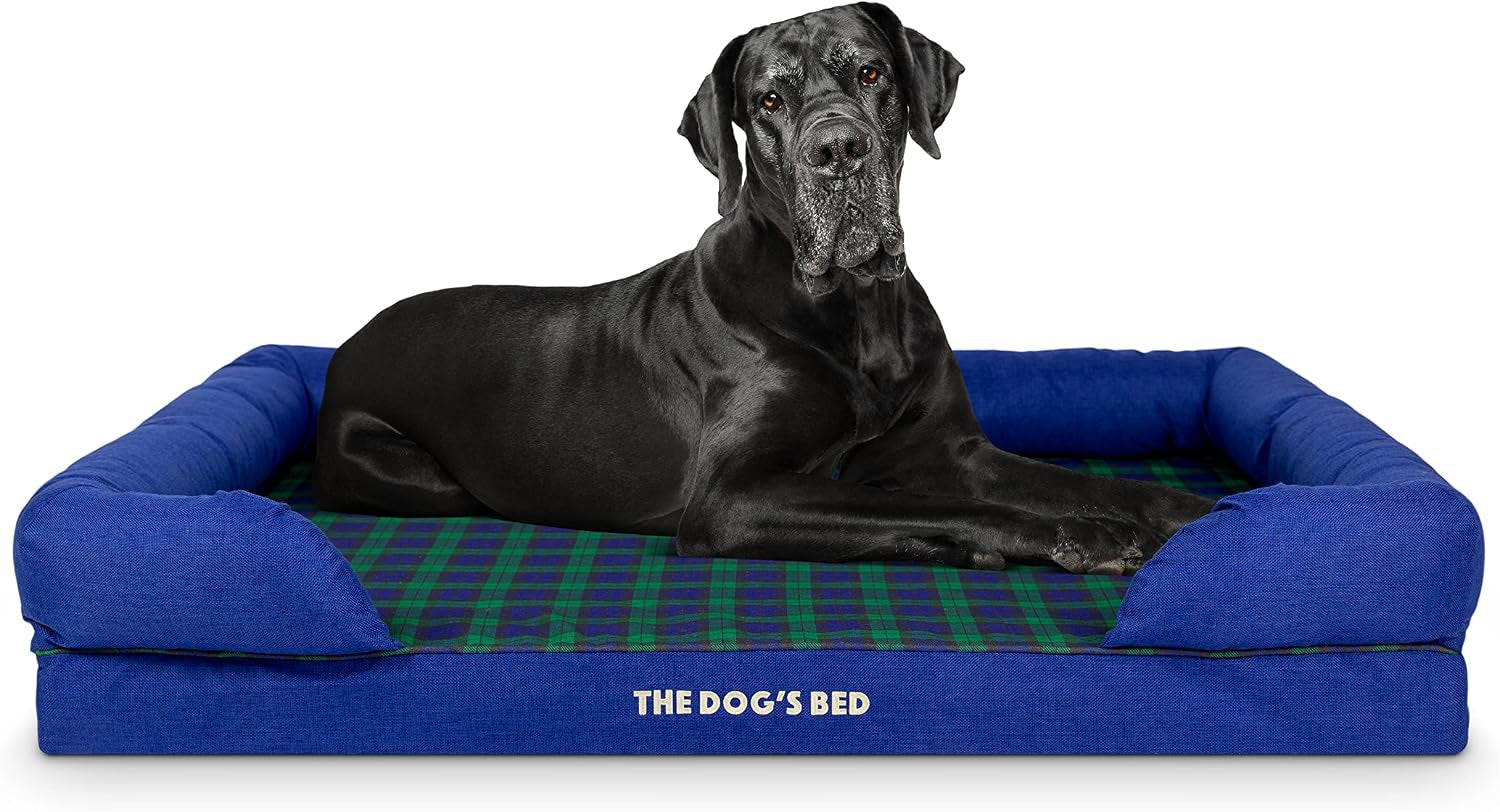 the-dog-s-bed-orthopedic-memory-foam-dog-bed-with-bolsters-for-large-dogs-high-density-support-mattress-low-front-entry-removable-washable-cover-oxford-fabric-blue-with-dark-red-trim-large