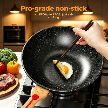 Nonstick Wok Aluminium Die-Casting Chinese Wok, Scratch Resistant with Lid and Spatula, Pfoa-Free, Dishwasher Safe & Induction Bottom,11.8 Inch,5Qt,Large Capacity5