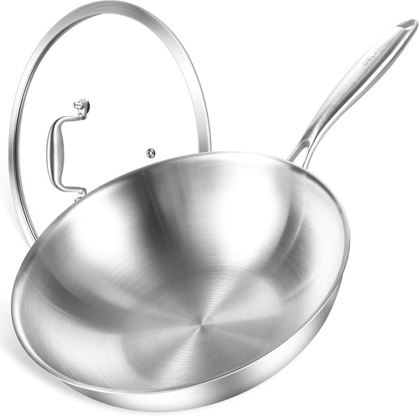 Woks & Stir-Fry Pans, 13 in Stainless Steel Pan with Lid, Large Cooking Surface, Tri-Ply Stainless Steel Wok Pan,High Side 3 Layer Stainless Steel Saute Pan, Wok for Induction Cooktop, 600℉1