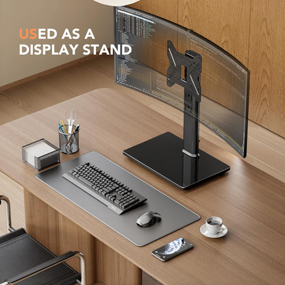 Universal Swivel Tv/Table Top TV Stand for 19 to 43 Inch Tvs with 90 Degree Swivel, 4 Level Height Adjustable, Heavy Duty Tempered Glass Base, Holds up to 99LBS HT02B-0017