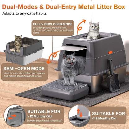 XXXL Stainless Steel Litter Box with Lid, Extra Large 28" Lx20 Dx18.1 H Litter Box for Big Cats, Enclosed Jumbo Metal Litter Boxes with Removable Cover & Footboard, Anti-Leakage,Odorless3