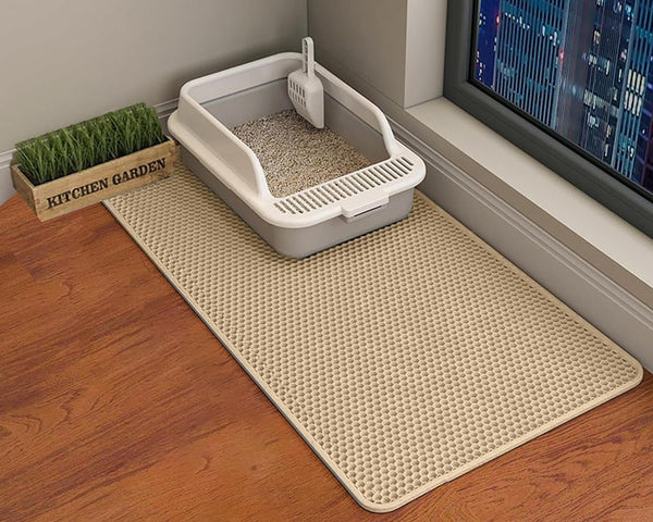 HCY&WLD Cat Litter Mat, 45X26/35X24/30X22/24X18 Inch Double Layer Cat Litter Box Mat, EVA Non-Slip, Waterproof Urine Proof Cat Litter Catcher Mat, Easy Clean Scatter Control (35X24 Inch, Khaki)22