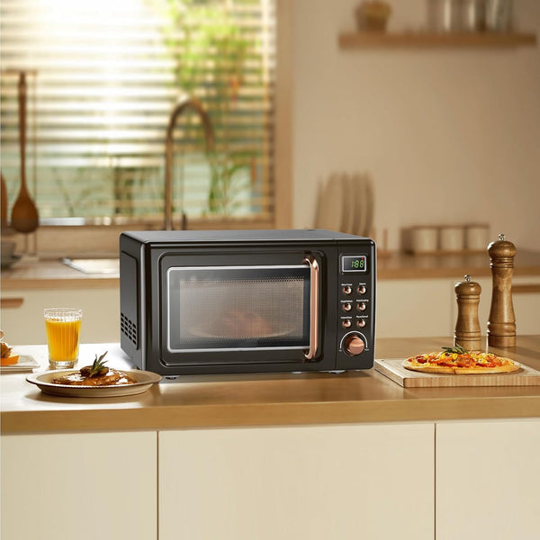 0.7Cu.Ft Retro Small Microwave Oven, 700W Compact Countertop Microwave with 5 Power Levels, Auto Cooking Menus, Glass Turntable, Child Lock & Glass Turntable for Apartment, Dorm (Golden)8
