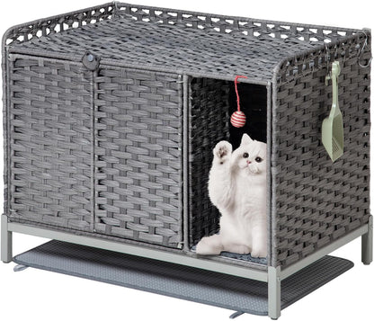 SETVSON Cat Litter Box Plant Furniture Enclosure, Rattan PE House, Natural | Decorative Planter Design, Removable Top for Easy Cleaning, Includes Artificial Plants, Real Stones, 20 X 20 Inches12