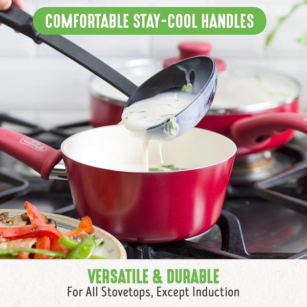 16 Piece Nonstick Cookware Set, Soft Grip Non-Toxic Pfas-Free Ceramic Pots & Pans, Dishwasher & Oven Safe, Frying, Sauce, Saute, Utensils, Glass Lids, Stay-Cool Handles, Wobble Free, Red6