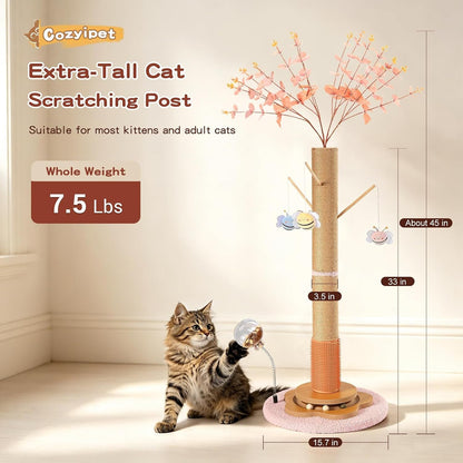 45" Tall Cat Scratching Post for Large Cats Adults | Grooming Brush, Track Ball, Spring Feeder & 3 Bee Toys, Sisal Rope Large Cat Scratcher Tree with Leaves for Indoor Cats, Pink2