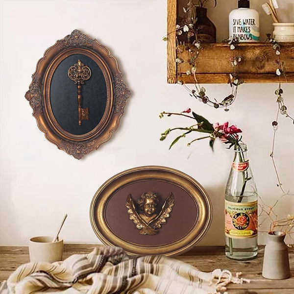 Vintage Wall Sculpture, Antique Pediment, Hallway Wall Art, Hand Painted Wall Decoration with Embossed Intricate Key Design, Oval Aesthetic Room Décor, Gallery, Unique Gift (Antique Gold-Key)3