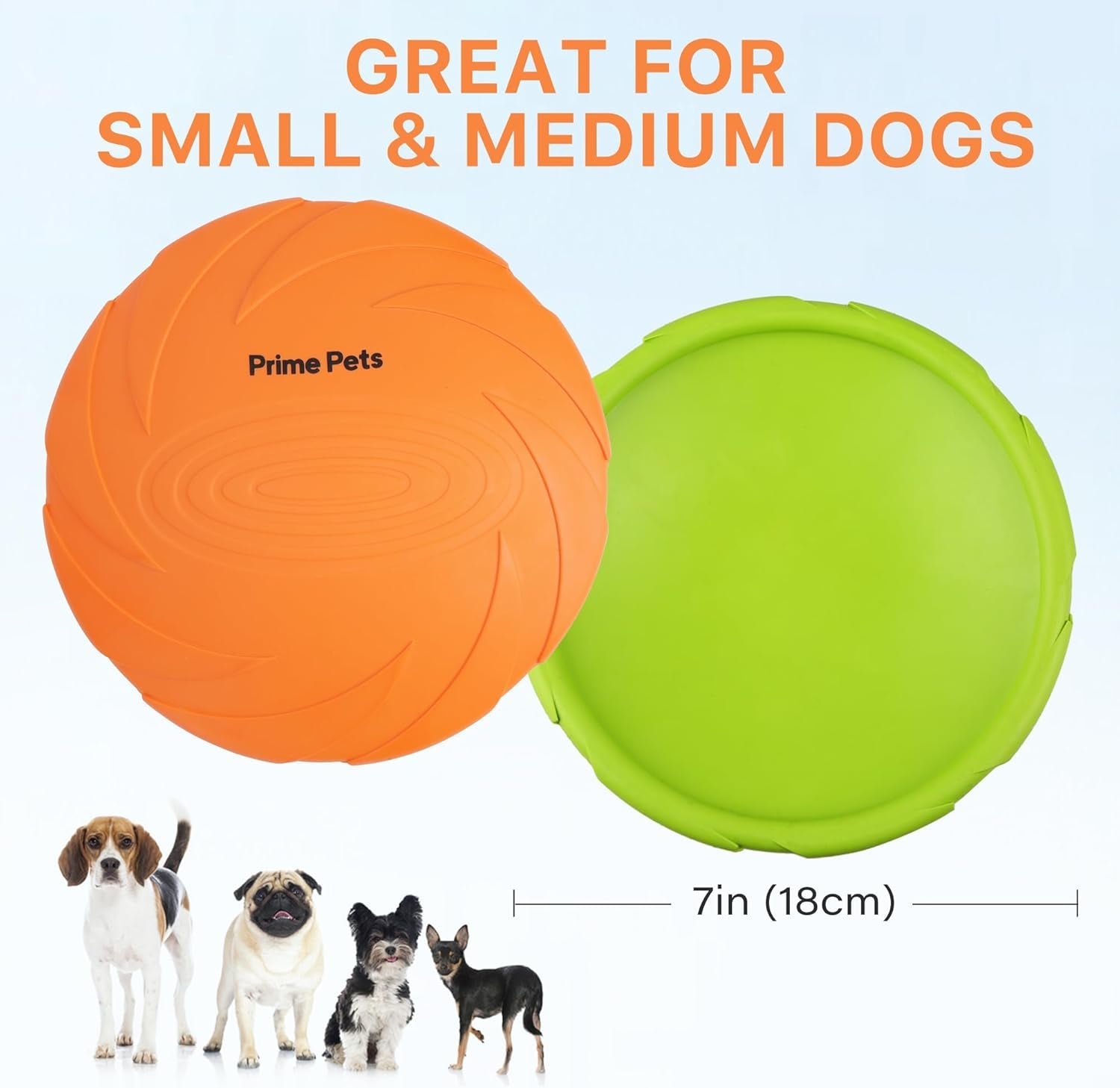 prime-pets-dog-flying-disc-2-pack-7-inch-durable-dog-toys-nature-rubber-floating-flying-saucer-for-water-pool-beach-orange-and-green