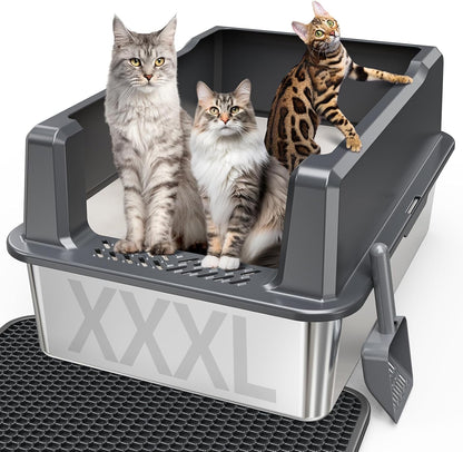 Extra Large XXL Stainless Steel Cat Litter Box with Lid, 26" L X 18" W X 12" H Metal Litter Box with Hight Sides for Big Cats & Multiple Cats, Never Absorbs Odors, Anti-Urine Leakage, Easy Cleaning1