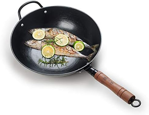 Zhensanhuan Cast Iron Woks and Stir Fry Pans, No Coating, Induction Suitable, Flat Bottom (32Cm/12.6In)6