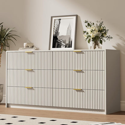 6 Drawer Dresser for Bedroom, 55" Wide Modern Chest of Drawers with Gold Metal Handles, Fluted Wood TV Stand for Living Room, Hallway(Beige)8