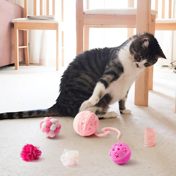 MALLMALL6 10Pcs Cat Toy Set Interactive Cat Toys Pack Including Feather Teaser Wand Cat Springs Mice Crinkle Balls and Pet Bell Balls, Puzzle Toys for Indoor Cats Gift (Pink)5
