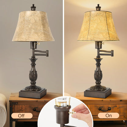 Swing Arm Table Lamp Set of 2 with USB Ports for Living Room | Traditional 350° Adjustable Arm, 23.5" Tall Nightstand Lamp, Brown Finish & Faux Leather Shade, Decor for Bedroom Office4