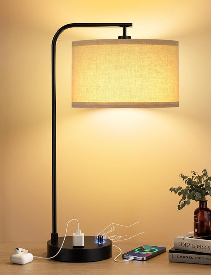 20.7" Tall Table Lamp with USB & Outlet, Fully Dimmable Nightstand Lamp | Linen Lampshade, USB Port and Outlet, Black Desk Lamp for Bedside, Living Room, Guest Room, Home Office, LED Bulb Included1