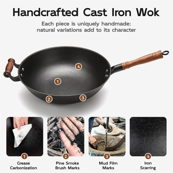 12.6 Inch Cast Iron Wok Pan with Wood Lid, Uncoated Flat Bottom Chinese Stir Fry Pan, Heavy Duty Wok for Induction, Gas and Electric Stoves8