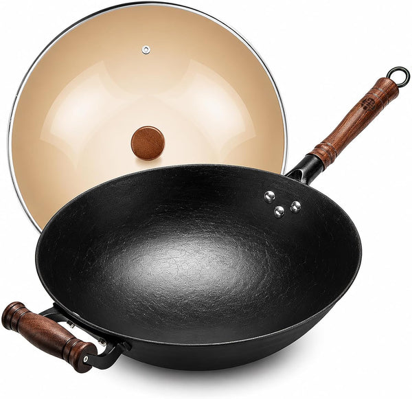 12.6 Inch round Bottom Cast Iron Wok with Glass Lid, Chinese Stir Fry Pan for Gas Stove & Open Flame, Uncoated Clay-Mold Texture, Wok Ring Required, Seasoning Needed1