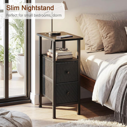 Narrow End Table with Charging Station, Small Nightstand | Skinny Side Tables Living Room with 2 Fabric Drawers, Slim Bedside Table for Bedroom, Small Spaces, Couch, Black9