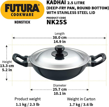 Futura Nonstick Kadhai 2.5 L, 26 Cm, 3.25 Mm with SS Lid (Black)3
