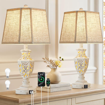 Lamps for Night Stands Set of 2-23.5" Boho Bedside Lamp with USB A+C and Nightlight - Cream Rustic Carved Resin Farmhouse Table Lamp for Bedrooms, End Tables, Living Room, Bulbs Included1