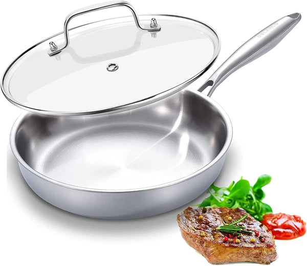 Tri-Ply Stainless Steel Pan,18/10, 12"+Lids | Nontoxic Durable Oven Safe 800℉ All Cooktops Compatible Fast Even Heat PFOA Free Large Frying Pan Nontoxic Cookware1