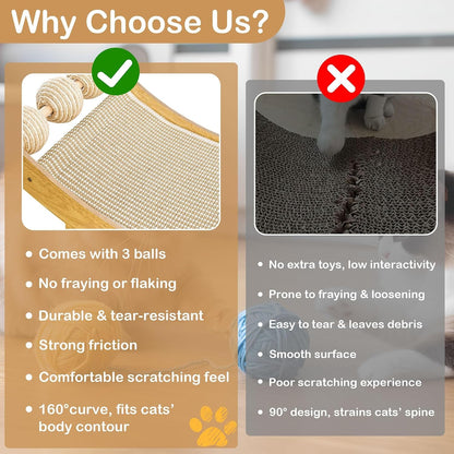 DWCN 3-In-1 Large Cat Scratcher Bed Hammock Lounge Scratching Post Scratch Pad with 3 Natural Sisal Balls - Furniture Protector Gift for Indoor Cats5