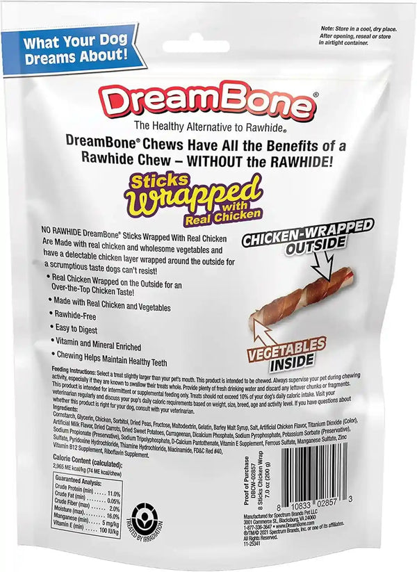 Dreambone Chicken Wrapped Large Stick Dog Treats, Daily Rawhide-Free Chew, Digests Safely and Completely, with Real Protein, Chicken and Veggies, 8 Count2