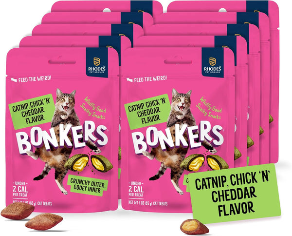 Bonkers Bites Catnip & Chick 'N' Cheddar Flavor Crunchy & Soft Treats for Cats, 3Oz Bag (Pack of 10)1