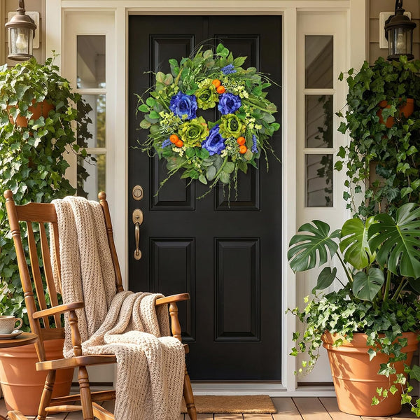 Spring Wreaths for Front Door 24 Inch Artificial Rose Wreath with Rose & Eucalyptus Leaf Orange Berry Accents,Summer Wreath for Home Wall Porch Window Easter Year-Round Indoor/Outdoor Decor3