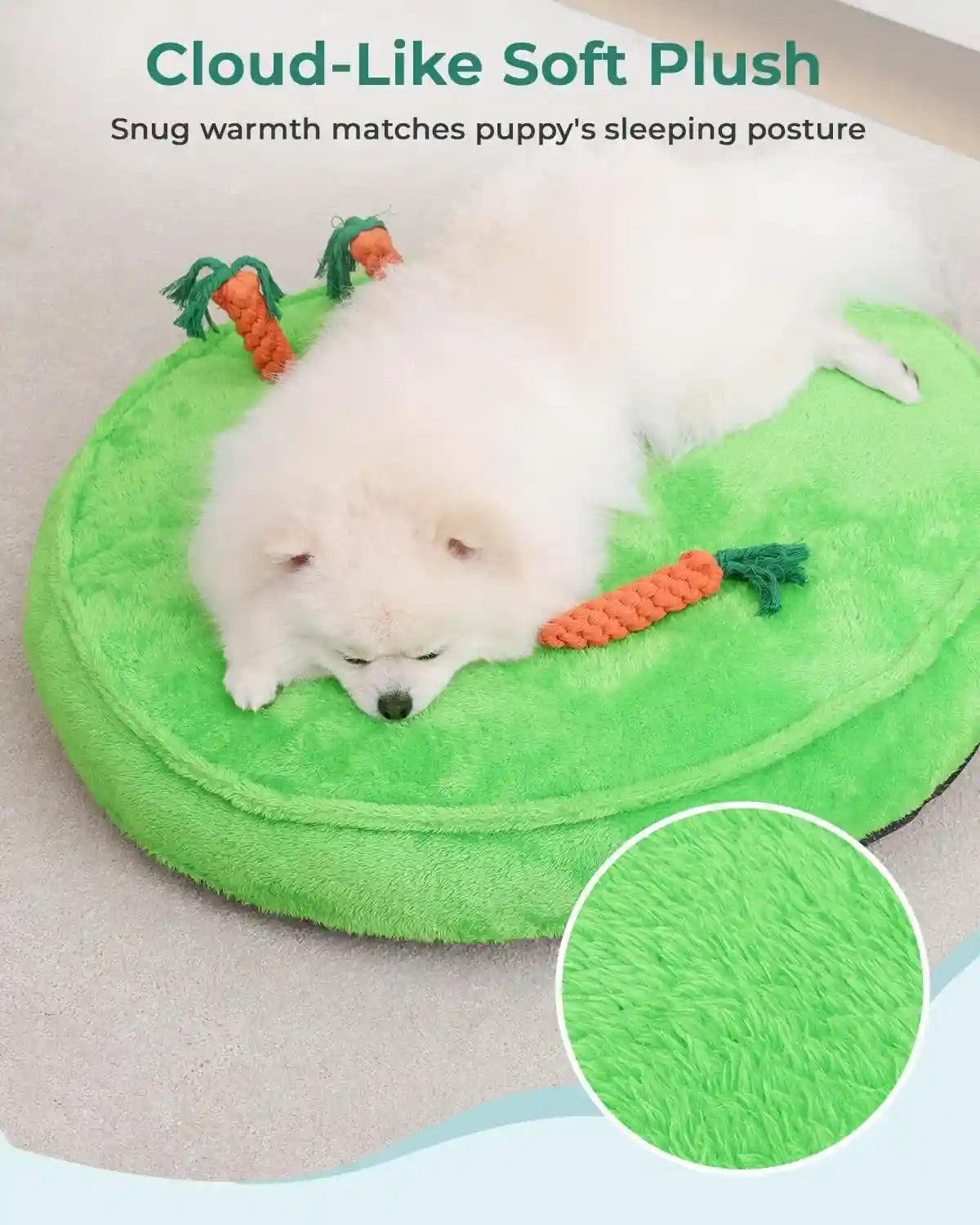 ksiia-puppy-bed-for-small-dogs-28-inch-washable-calming-plush-round-dog-bed-with-carrot-chew-toy-orthopedic-support-anti-anxiety-non-slip-base-for-puppies-cats-green