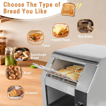 Hakka Commercial Conveyor Toaster, 450 Slices/Hour Heavy Duty Conveyor Toaster Stainless Steel Toaster Oven Electric Restaurant Toaster with 3" Opening for Toast Bun Bagel Bread-120V,1800W4