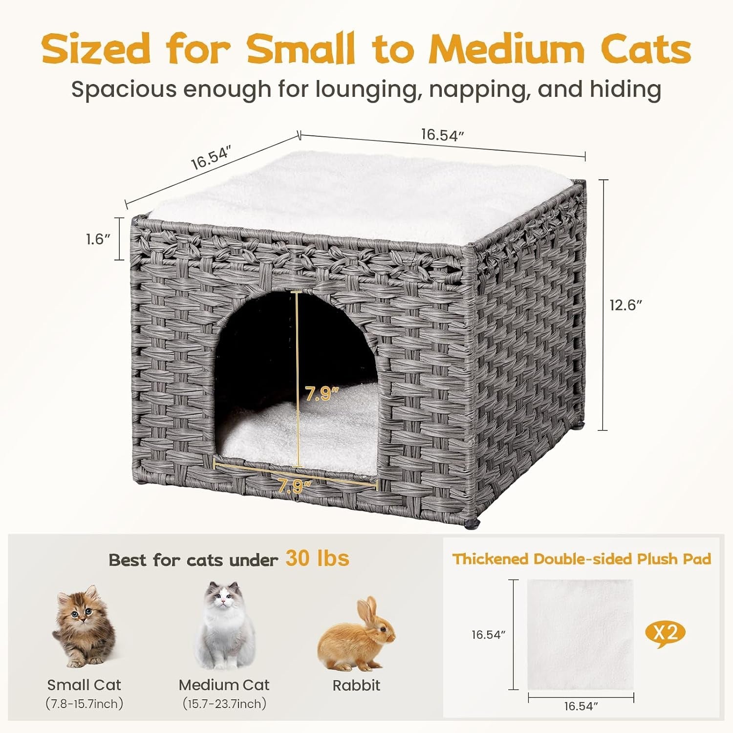 snughome-handwoven-rattan-cat-house-indoor-foldable-cat-bed-cave-with-2-removable-bed-mats-large-kitten-house-hideaway-pet-cube-16-54-x-16-54-x-12-6-inches-grey-for-living-room-bedroom