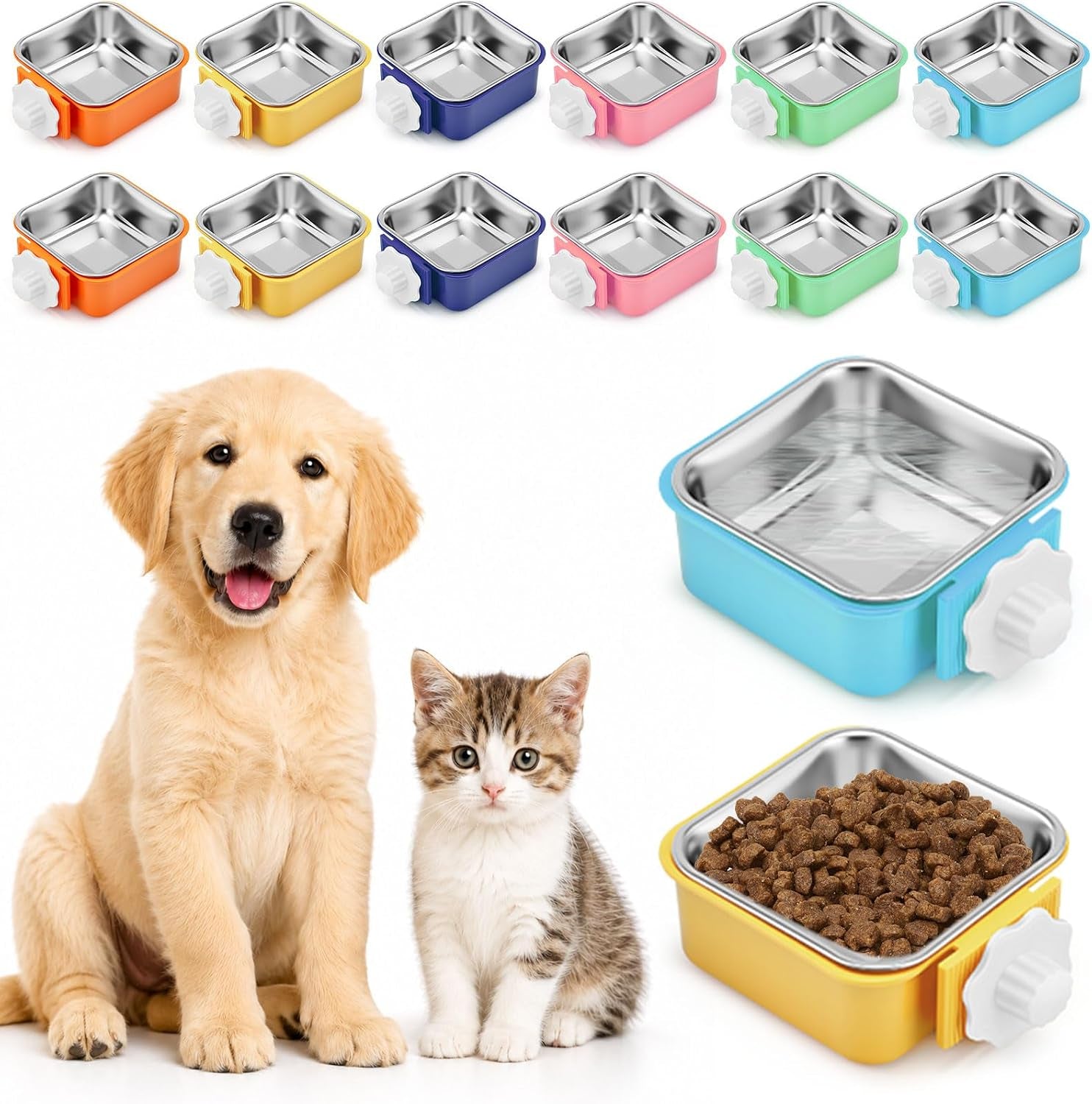 lemonroad-12-pcs-dog-crate-water-bowl-bulk-no-spill-hanging-for-kennel-removable-stainless-steel-puppy-food-water-feeding-bowls-cage-coop-cup-for-dogs-cats-rabbits-birds-ferretsquare-bowl