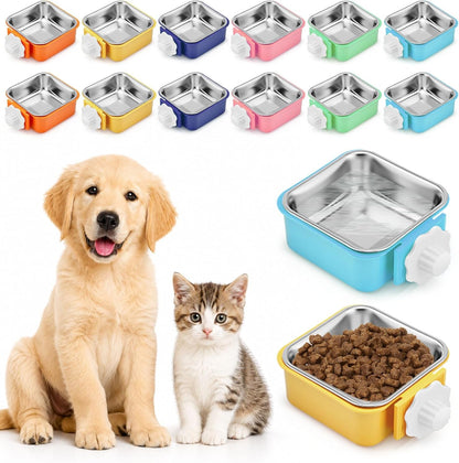 Lemonroad 12 Pcs Dog Crate Water Bowl Bulk No Spill Hanging for Kennel Removable Stainless Steel Puppy Food Water Feeding Bowls Cage Coop Cup for Dogs Cats Rabbits Birds Ferret(Square Bowl)1