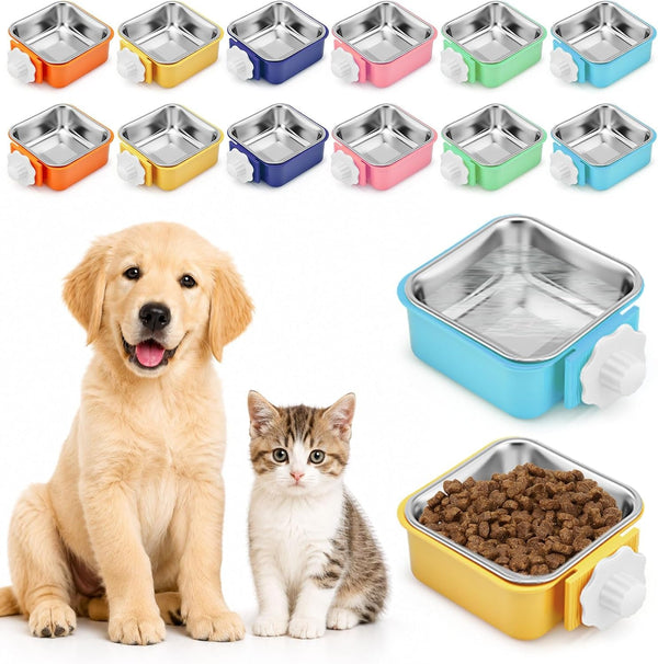 Lemonroad 12 Pcs Dog Crate Water Bowl Bulk No Spill Hanging for Kennel Removable Stainless Steel Puppy Food Water Feeding Bowls Cage Coop Cup for Dogs Cats Rabbits Birds Ferret(Square Bowl)1
