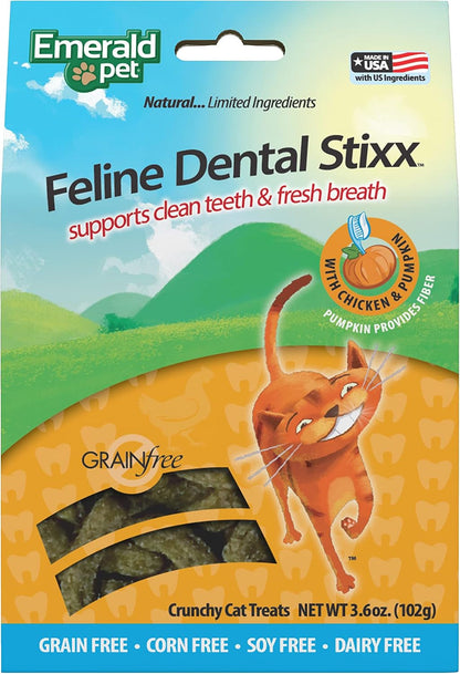 Emerald Pet Grain-Free Chicken Cat Dental Treats – Crunchy Dental Sticks for Cats to Clean Teeth, Reduce Plaque & Tartar, Freshen Breath – Pumpkin for Digestive Health, Natural Cat Chews, 3.6 Oz1