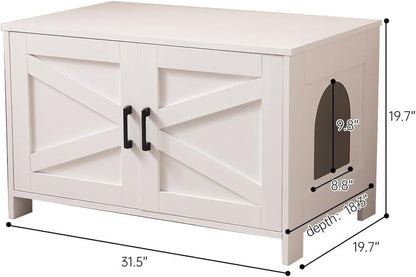 Cat Litter Box Enclosure with Barn Door Wooden Cat Washroom Furniture Litter Box Furniture Hidden End Side Table Pet House Multi Functional Double Cabinet Doors for Bedroom Living White2