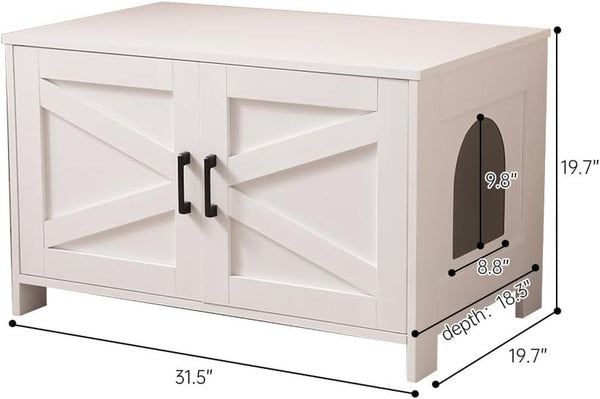 Cat Litter Box Enclosure with Barn Door Wooden Cat Washroom Furniture Litter Box Furniture Hidden End Side Table Pet House Multi Functional Double Cabinet Doors for Bedroom Living White2