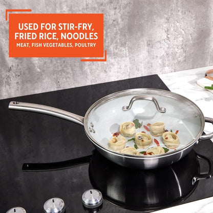 12 Inch 2 Ply Aluminum Ceramic Wok with Glass Lid, Gray | Ceramic Nonstick Interior, 2 Ply Construction, Long and Helper Handles, Ideal for Fried Rice, Noodles and Everyday Cooking6
