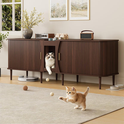 71" Double Cat Litter Box Enclosure Furniture for 2 Cats,Fluted Large Litter Box Hidden Furniture with Sliding Door and Scratching Pad,Indoor Pet House Modern Cabinet TV Stand for Living Room9
