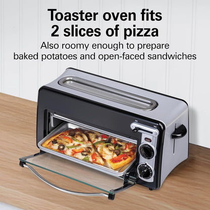 2-In-1 Countertop Toaster Oven & Long Slot 2 Slice Toaster | Versatile Toasting & Baking | Auto Shut off | Shade Selector & Temperature Control |Compact Retro Design | Black | 227257