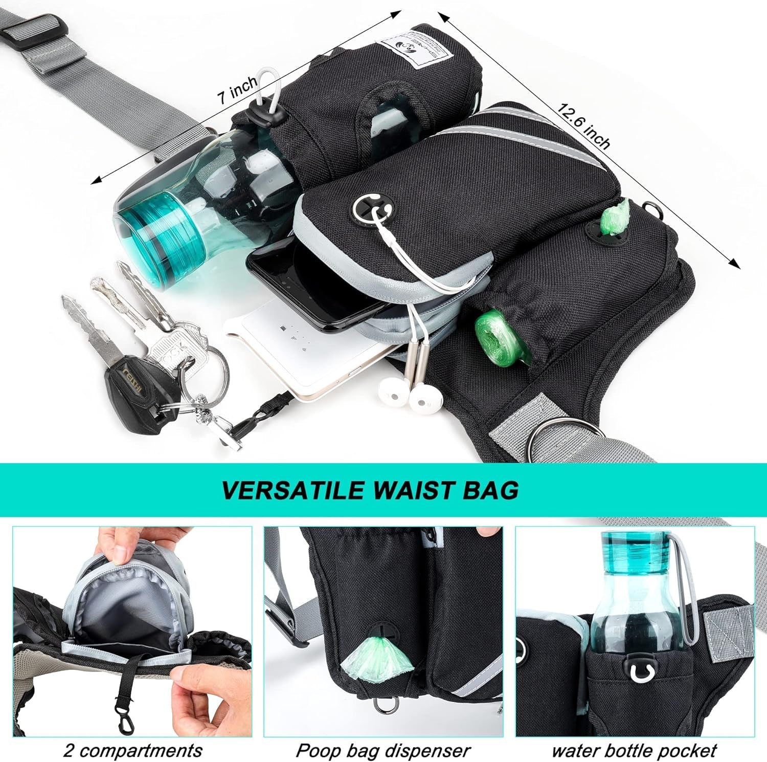 shine-hai-retractable-hands-free-dog-leash-with-dual-bungees-for-2-dogs-adjustable-waist-belt-fanny-pack-reflective-stitching-leash-for-running-walking-hiking-jogging-biking-black