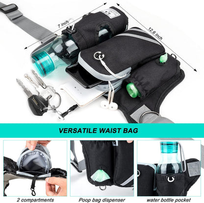 SHINE HAI Retractable Hands Free Dog Leash with Dual Bungees for 2 Dogs, Adjustable Waist Belt Fanny Pack, Reflective Stitching Leash for Running Walking Hiking Jogging Biking Black6