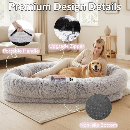 79"X44"X12.5" Human Dog Bed for Adult Faux Fur Washable Human Dog Bed Portable Handle, Egg Orthopedic Foam Human Bed Extra Large Grey4
