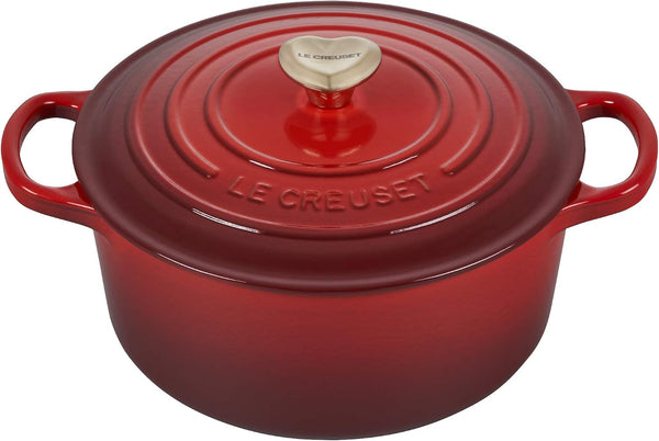 Enameled Cast Iron Signature round Dutch Oven - Cerise with SS Figural Heart Knob1