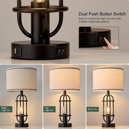 Black Table Lamps for Living Room Set of 2, 22.3" Farmhouse Lamps for Nightstand, Industrial Table Lamps for Bedroom with USB Ports, Bulbs Included3